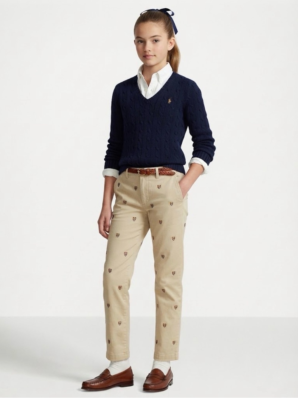 Polo Ralph Lauren Girls Crest Embroidered Khaki Twill Pants Size 14 Preppy